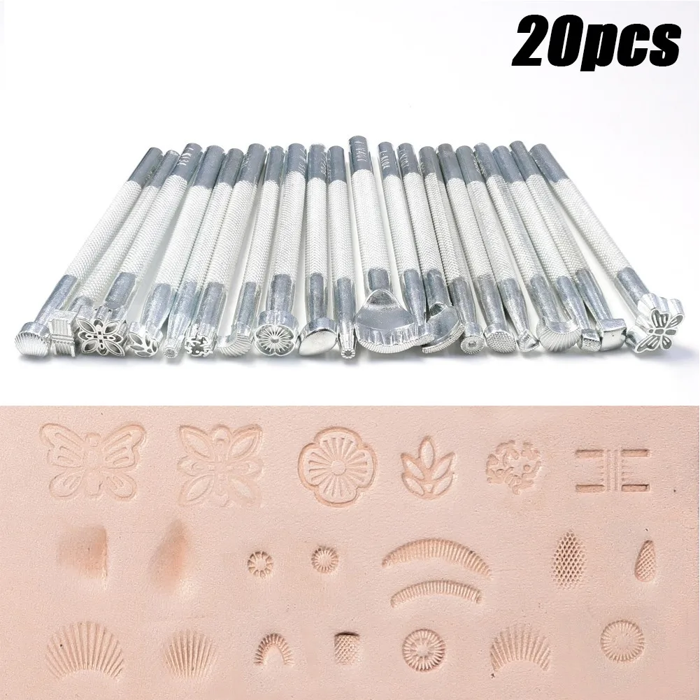 Modelo de cuero de acero con alto contenido de carbono, herramienta de impresi&oacute;n de patrones hecha a mano, sellos de talla, 20 piezas, 110mm, nuevo, 2022-0