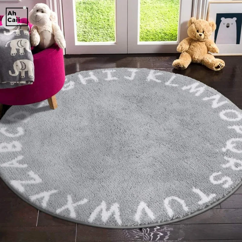 

Round Fluffy Rugs for children Alphabet Kids carpet Gray Floor Mat Baby Crawling Rugs Kids Play Mat Plush Mat For Living Room