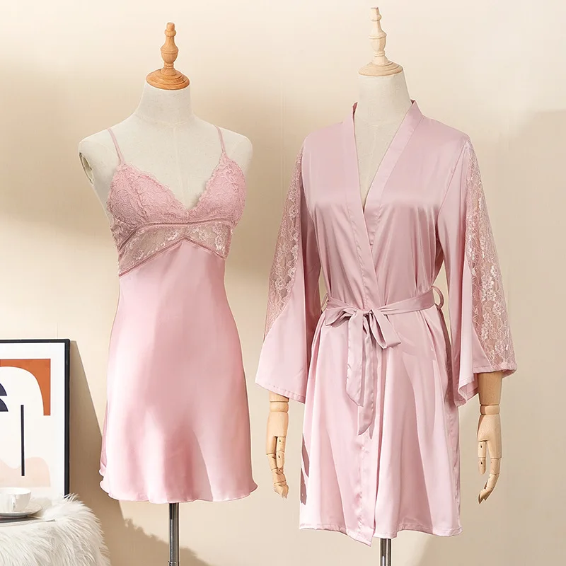 

Satin 2 Pieces Kimono Gown Intimate Women Sexy Lace Robe Sets Sleepwear Lingerie Silky Nightdress Bride Bridesmaid Wedding Robe