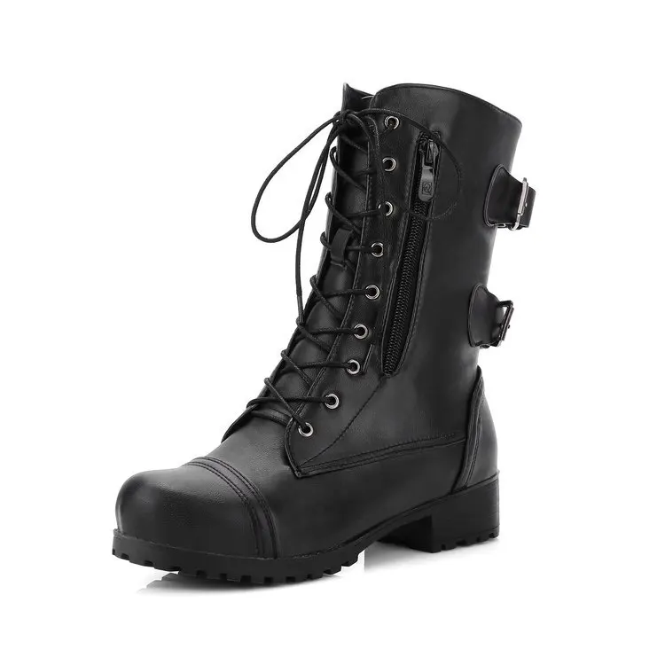 

Women Autumn Platform Mid Calf Boots Female Lace Up Punk Motorcycle Boot Plus Size Buckle Strap Zipper Ladies Low Heel Shoes