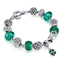 pandora style diy alloy large hole beaded candy green four leaf clover charm bracelet