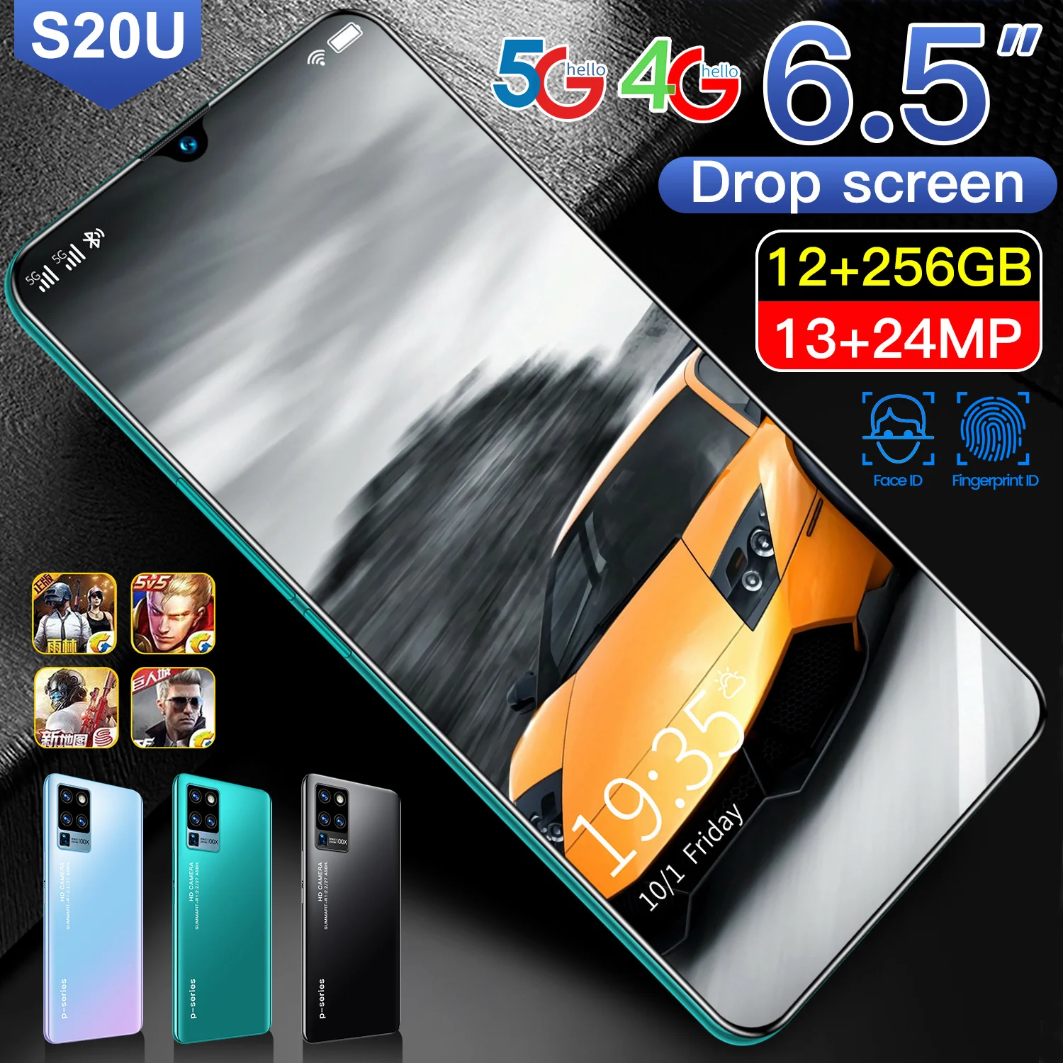 

S20U Smartphone MTK6799 6.5 Inch 10 Core 12GB+512GB Phone 13MP+ 24MP Android 10.0 Dual Card Fingerprint Face Unlock Mobile Phone