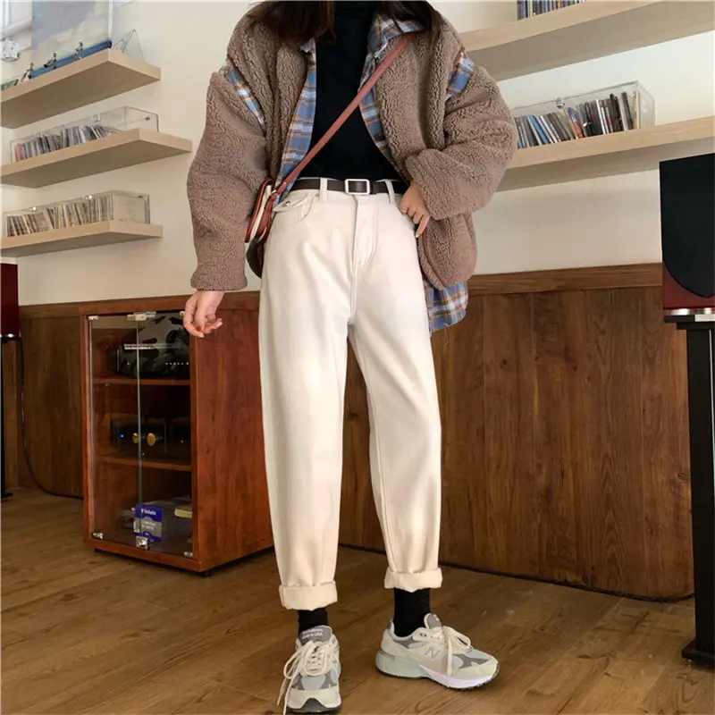 

New Plus Retro Denim Fashion 2021 Solid Stylish Casual High Waist Pockets Jeans Full-Length Women Loose Harem Pants