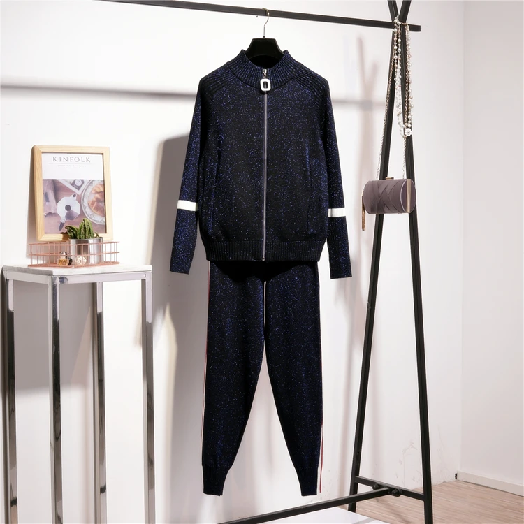 Navy Blue Спортивный костюм для женщин; теплый трикотажный спортивный костюм; осенне-зимняя одежда; вязаные кардиганы; пальто; широкие брюки; комплект из двух предметов; брючный костюм - Цвет: Navy Blue