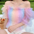 Милая красочная Радужная женская рубашка с открытыми плечами, тюлевые оборки, простые классические цвета на заказ