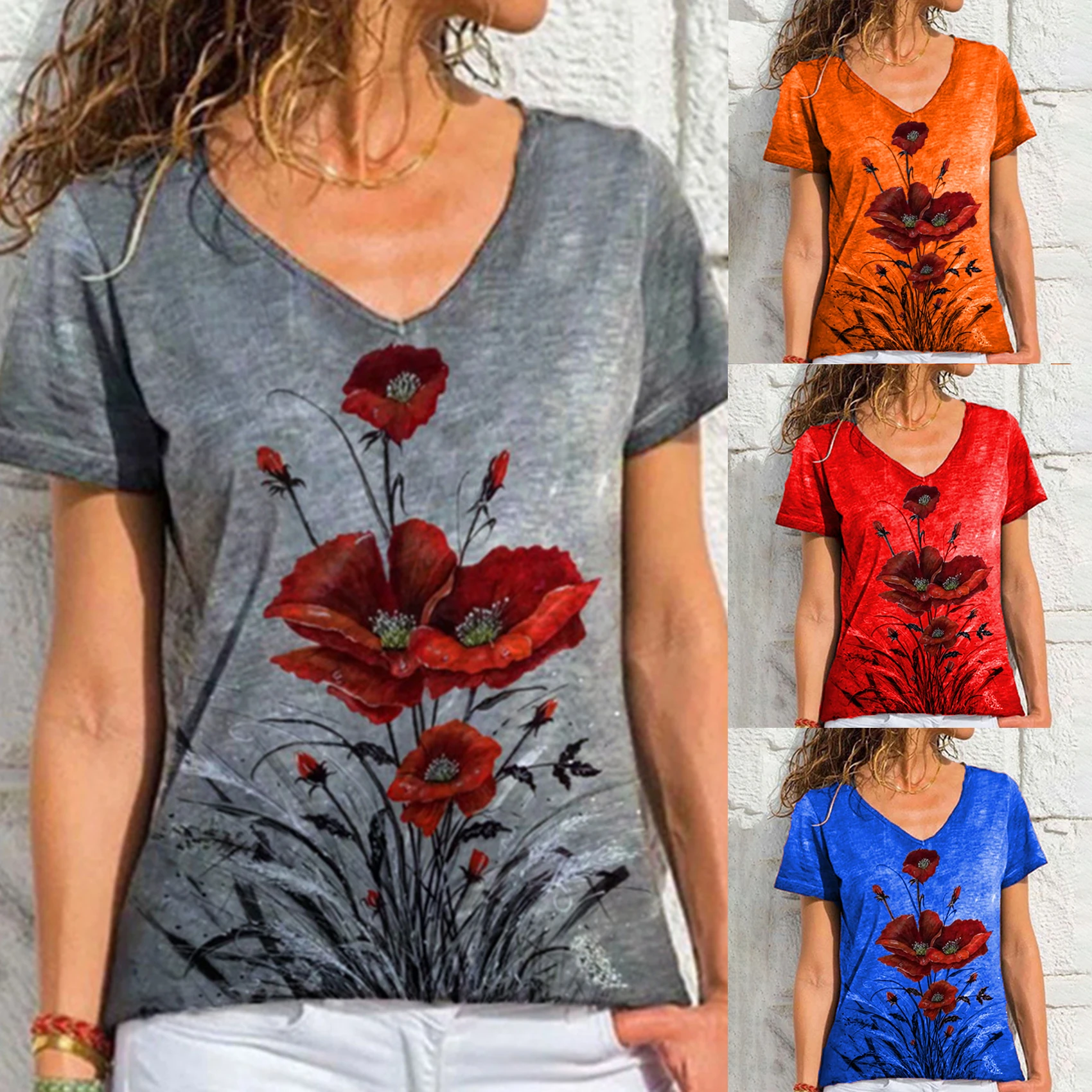 

Fashion Summer V-Neck Flower Printed T-Shirt 2021 Women Short-Sleeved T-Shirt Tops Loose Casual Street Vintage Pullover Tees