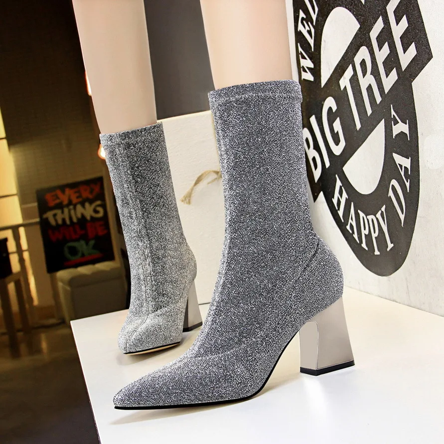 Autumn and winter fashion gray socks boots elastic large size thick heel women new fashion short boots