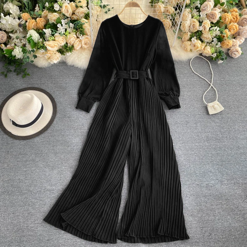 

Ailegogo 2021 New Spring Autumn Elegant Solid Jumpsuits Women Office Lady Long Sleeve with Belt O Neck Pleated Wide Leg Trousers