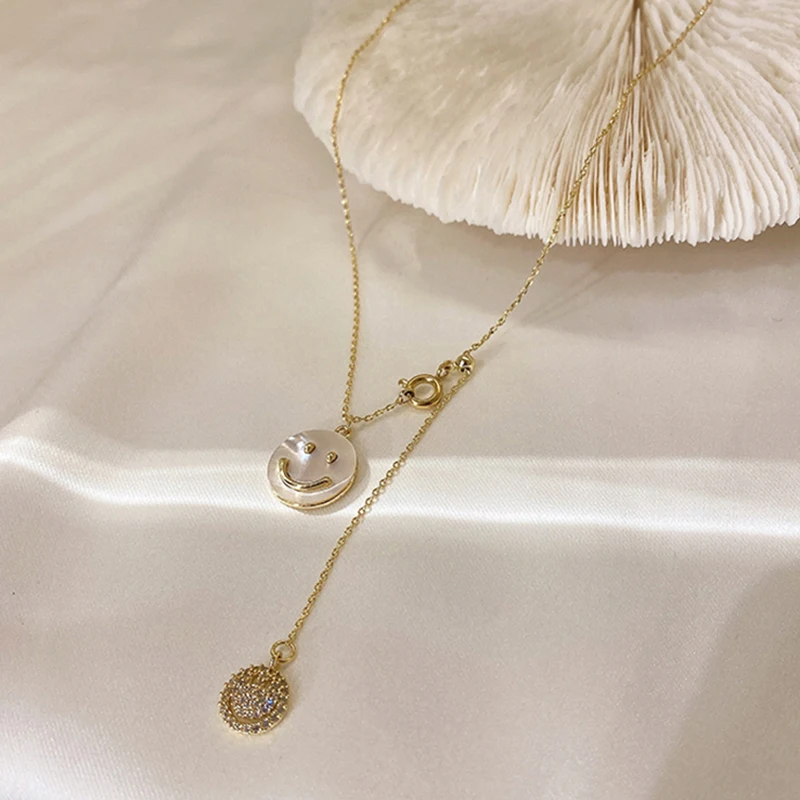 

Luxury 14K Real Gold Plated Cute Smiley Chain Necklace for Women Temperament Pendant AAA Zirconia Party Fine Jewelry Wholesale