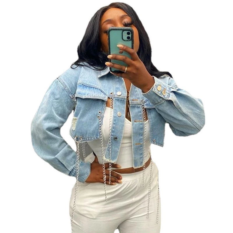 Рваная потертая укороченная джинсовая куртка Женский Асимметричный пикантный