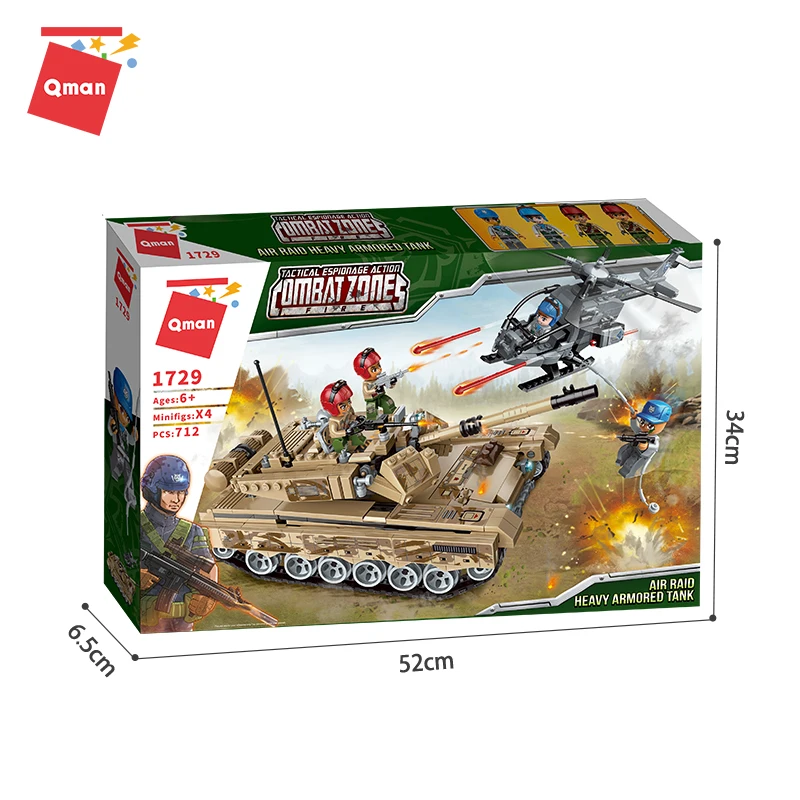 

Qman Military Tank And Helicoper Toys Model Air Raid Heavy Armored Cars Series 4 Funny Characters Building Block With 712 Pieces