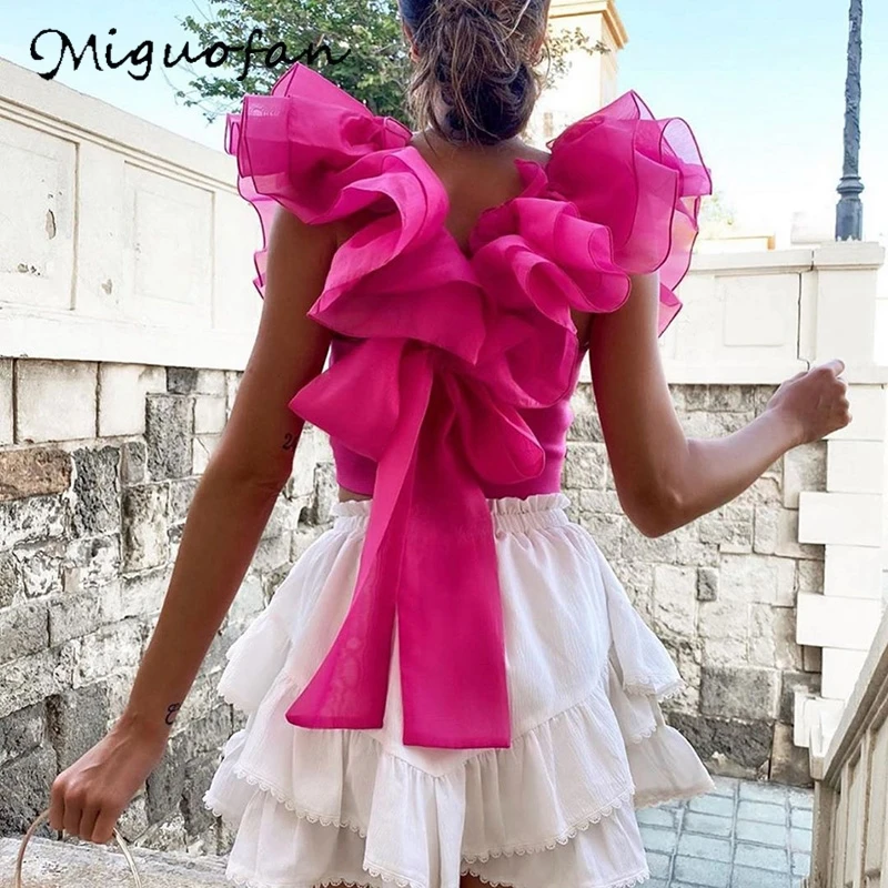 Женская блузка однотонная кружевная с рюшами и пышными рукавами пикантная