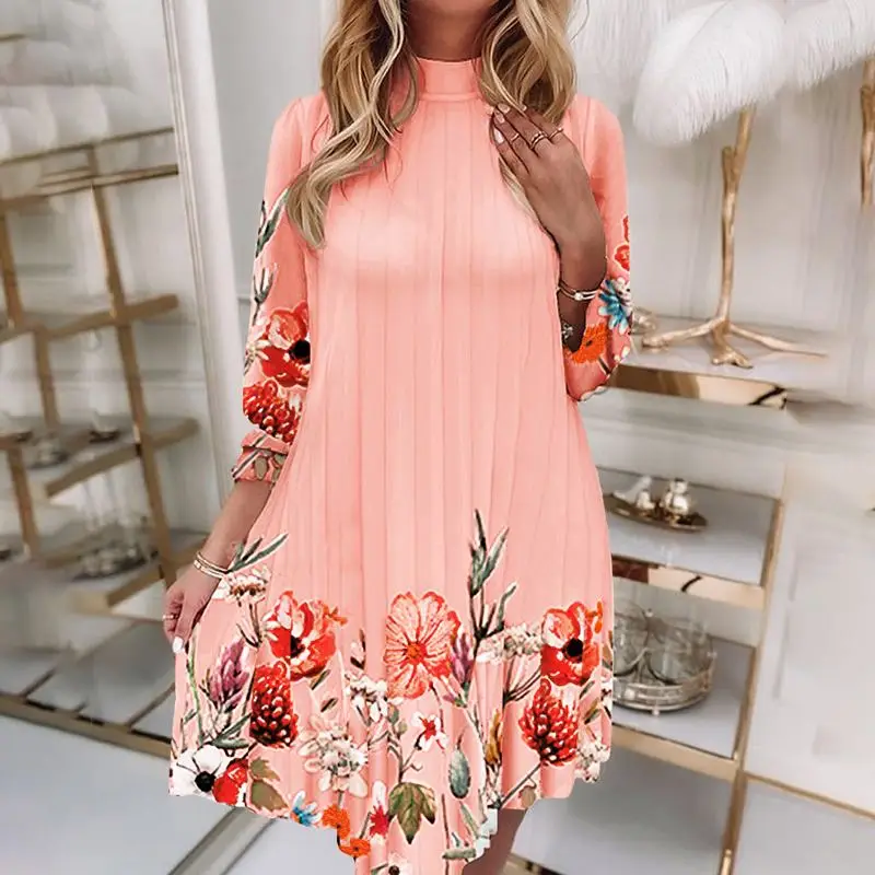 

Fashion Floral Holiday Mini Dress Women Elegant Long Flare Sleeve O Neck Sundress ZANZEA Bohemia Print Kaftan Pleated Party Robe