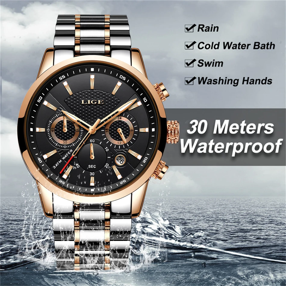 Reloj hombre модные золотые мужские часы lige top класса люкс Бизнес Нержавеющая сталь Водонепроницаемый кварцевые часы Для мужчин, спортивные часы