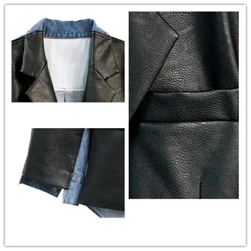 

Winter Women Blazers Denim and PU patchwork Coat Warm Korean Elegant Vintage Coat Female Cloak Cape Khaki Blazers Y332