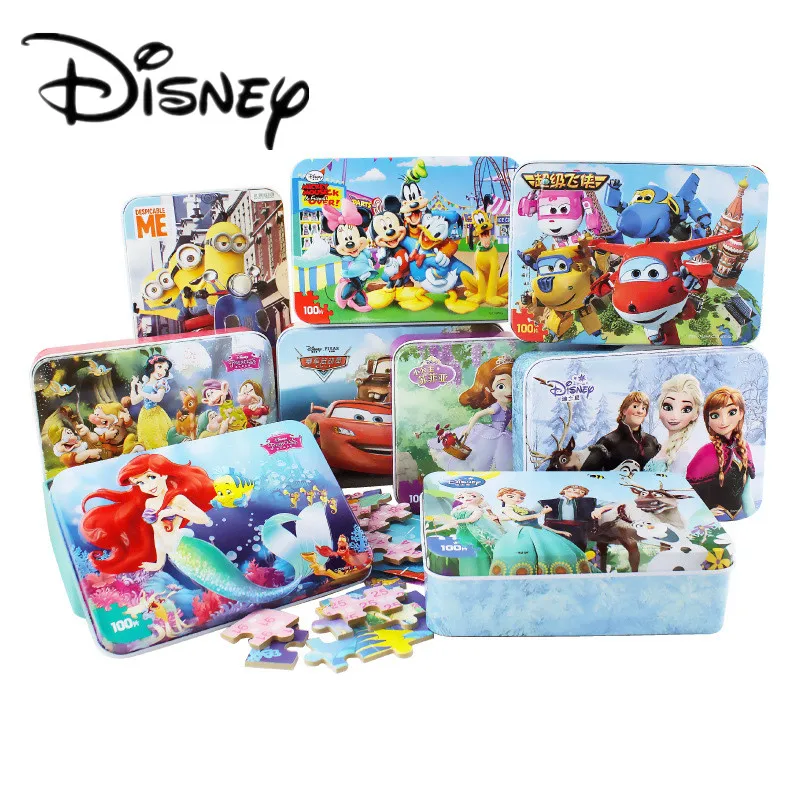 

Original Disney Frozen Mickey Mouse Iron Box Wooden Puzzle 100 Slice Super Wings Jigsaw Puzzles Children Educational Toys Gifts