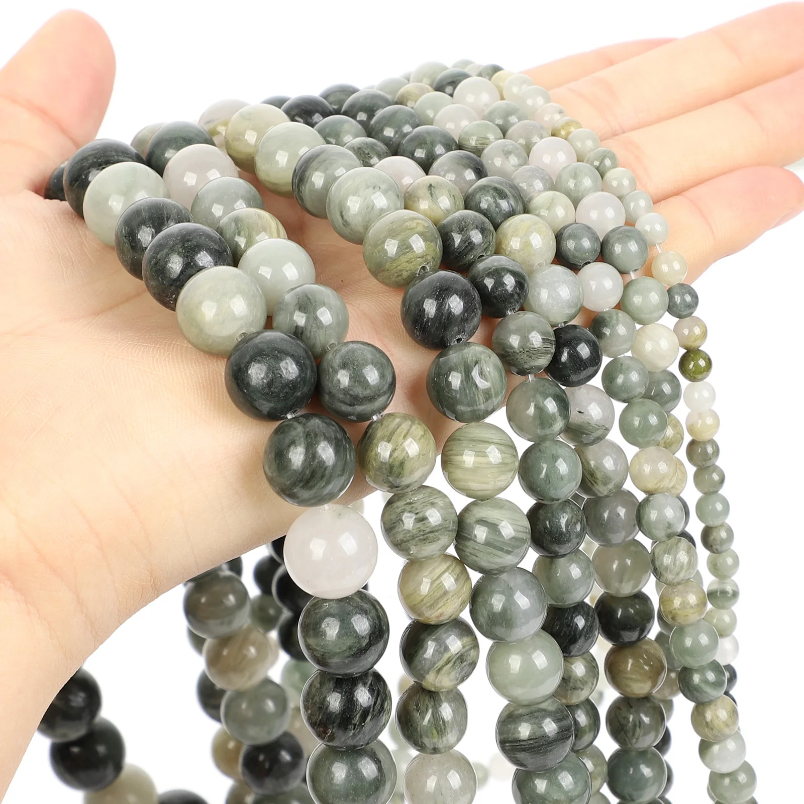 Natural Stone Green Grass Hat Smooth Charm Round Loose Beads For Jewelry Making Needlework Bracelet Diy Pick Size Strand 4-12 MM | Украшения