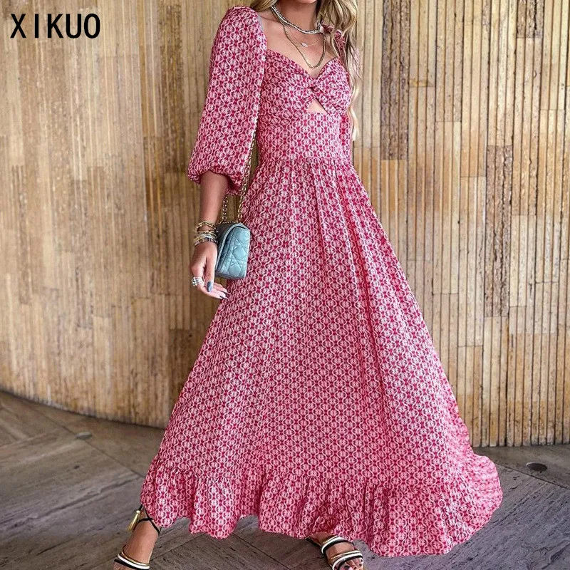

FD400 Women's Fall 2021 Fashion New Loose Mid-length Printed Three-Sleeve Dress
