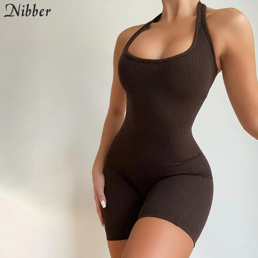 

Nibber Basic Striped Halter Rib Knit Playsuit Women Casual Backless Streetwear Rompers 2021 Sporty Workout Elastic Biker Short