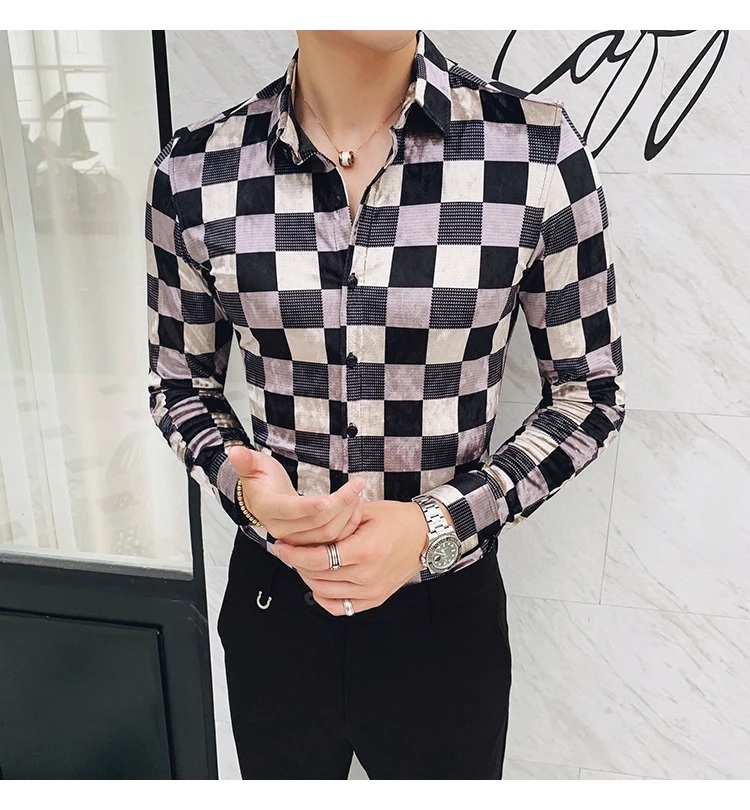 High grade plaid dress shirts men flannel long sleeve black casual shirt slim fit winter thick warm fashion social 4xl