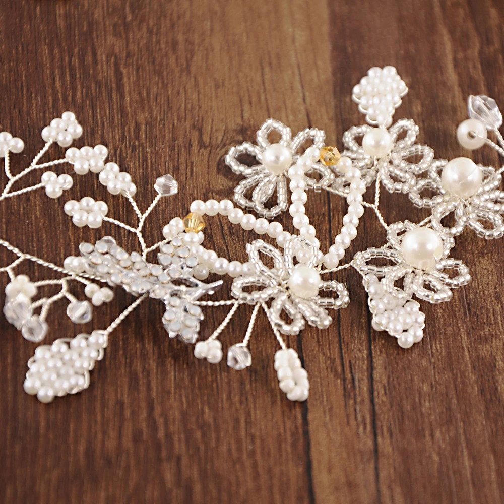 

HP07 Handmade Retro Bride Headwear with Pearl and Organza Ribbon Wedding Party Girl Hair Accessories Multiple Wearing Methods