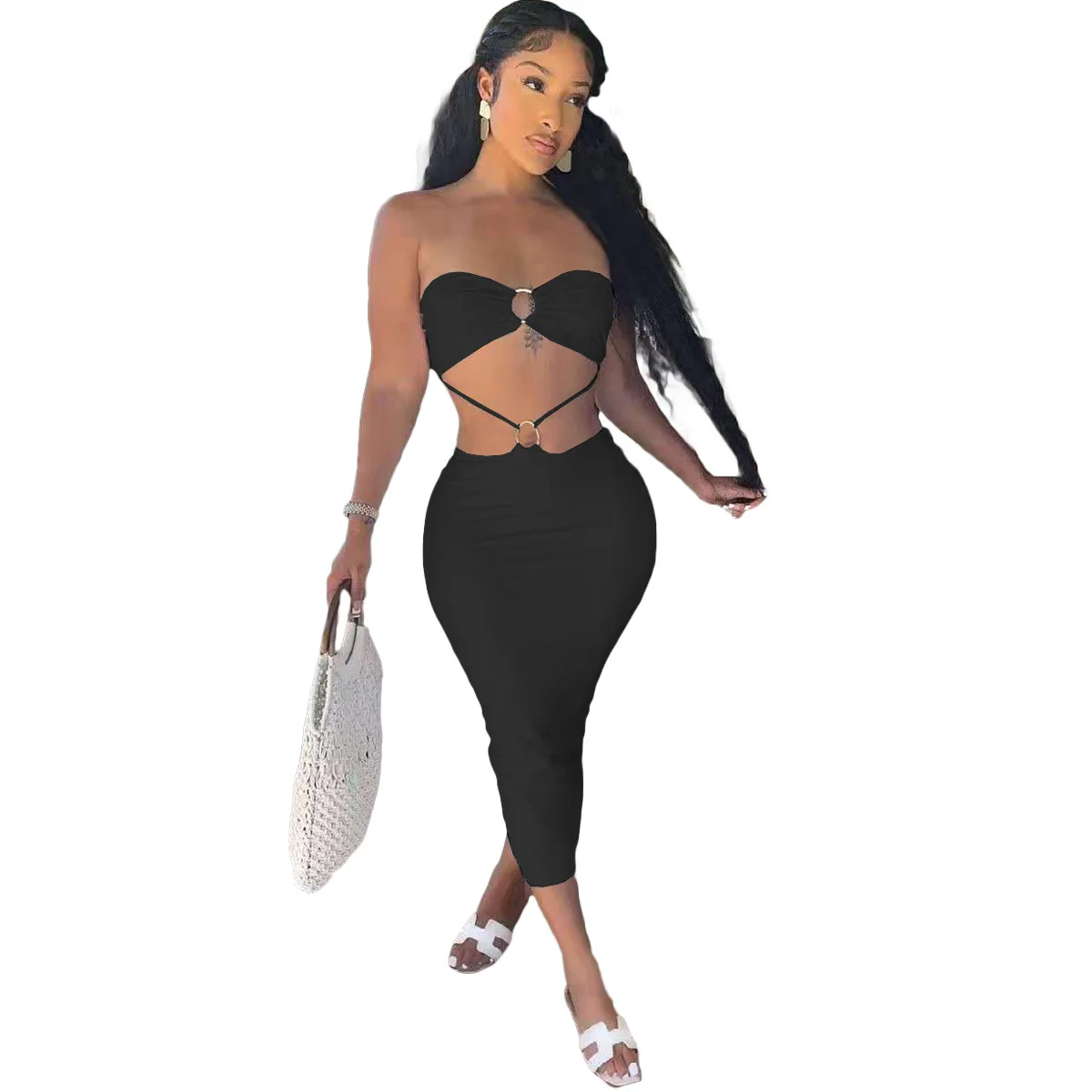 

SSEURAT Women Dress Solid Color Strapless Waist Dress Sexy Night Clubwear Summer Vestidos