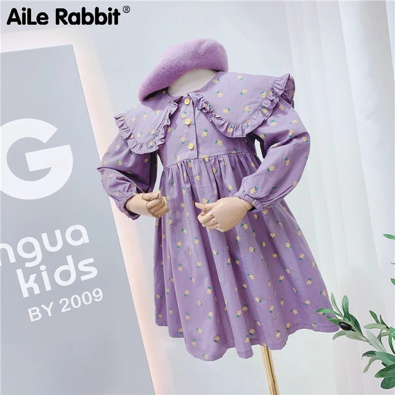 

Юбка с цветочным принтом и воротником для девочек, осень 2021, новое платье принцессы с длинным рукавом для девочек