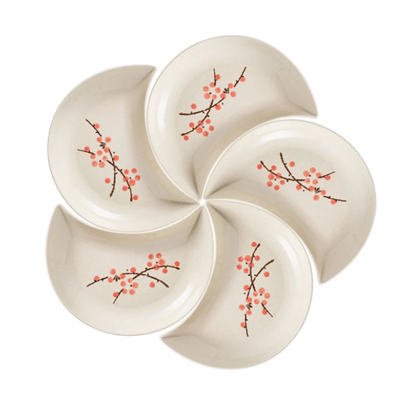 

5PCS/SET Creative Luxury Nordic Plum Blossom Floral Ceramic Snack Plates Porcelain Round Moon Dinner Plates Dish Snacks Platters