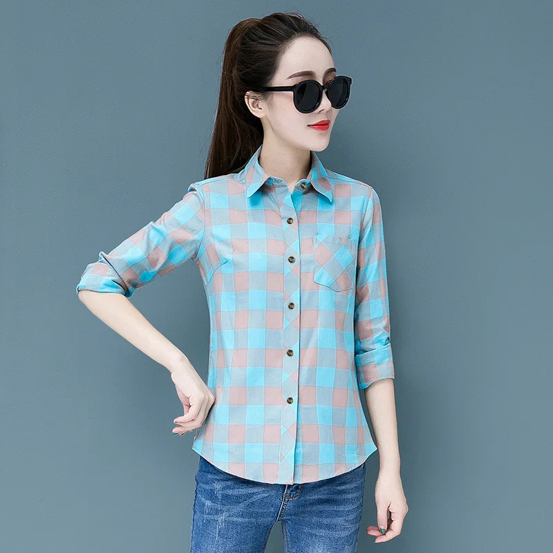 Spring 2020 Long Sleeve Plaid Blouse Korean Casual Women Streetwear Shirts Elegant Office Shirt 5XL Plus Size Ladies Print Tops