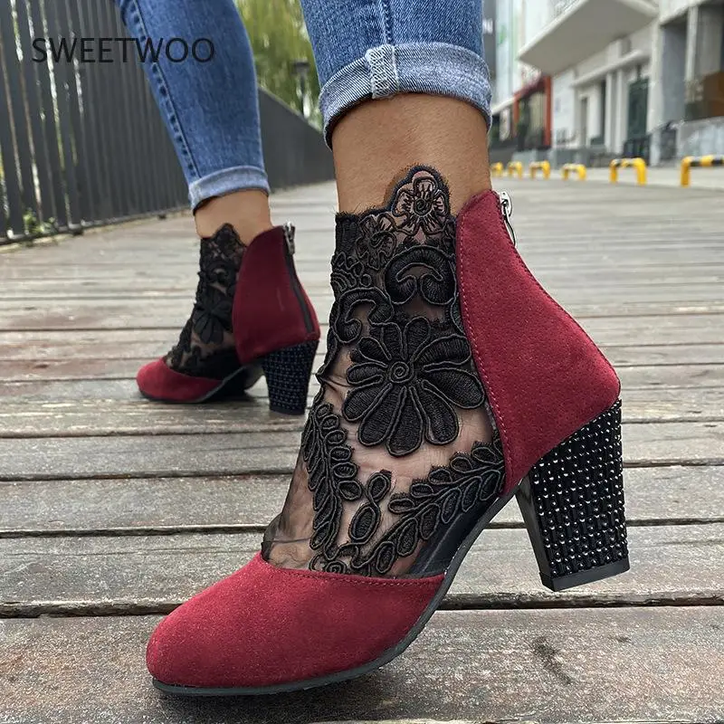 

Spring women's mesh leather high heels platform zipper open toe overshoes