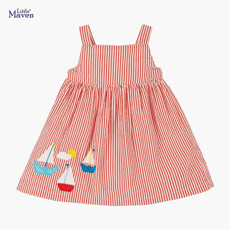 

Little Maven 2021 New Summer Baby Girls Clothes Cotton Orange Striped Casual Dress Boat Print Sundress for Kids 2-7 Years