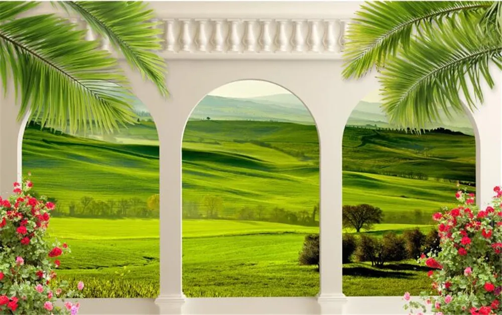 

milofi custom wallpaper mural 3D balcony colonnade garden grassland landscape background wallpaper mural