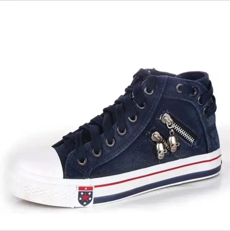 

2021 Summer New Fashion Popular Denim Canvas Shoes Flat Lace Up High Top Roman Shoes Zipper Decoration Km037