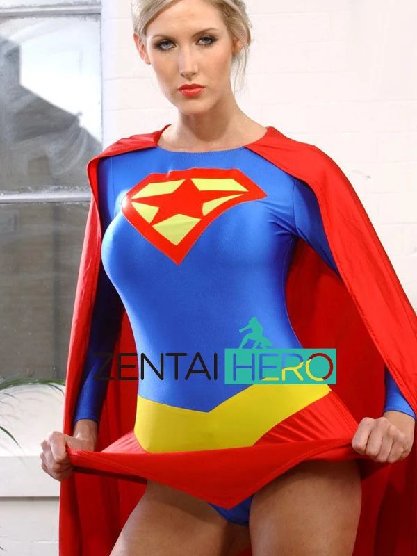 

New Arrival Women's Spandex Bodysuits Sexy Blue Supergirl Lady Super Hero Zentai Catsuit Lycra Movie Costume Leotard With Cape