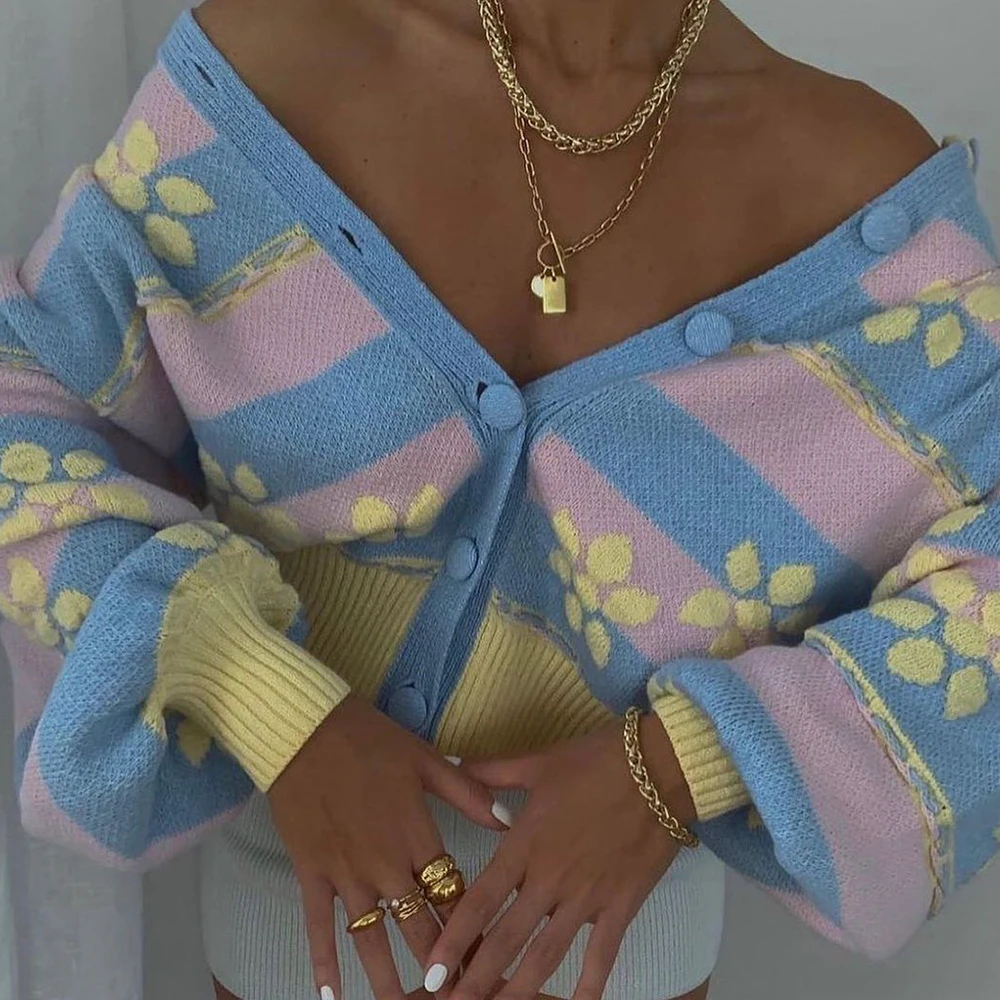 

Women'S New 2021 Retro Round-Necked Striped Flower Jacquard Knitted Cardigan Jacket Knitwear Sweaters Top Coat