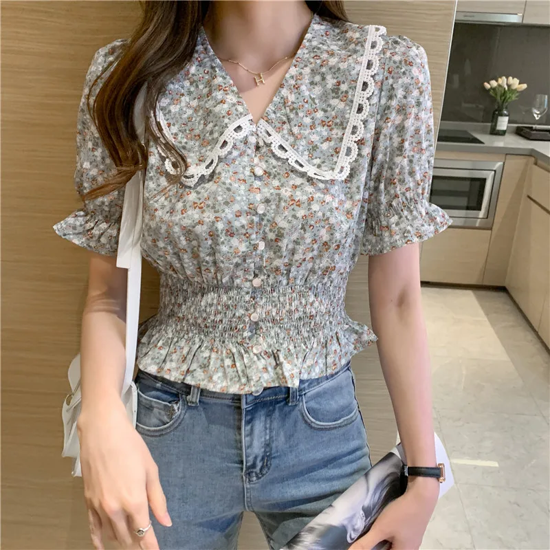 

Chic Peter Pan Collar Elastic Waist Shirts Girls Sweet Korean Style Short Sleeve Slim Tops Blouse Fashion Printed Floral