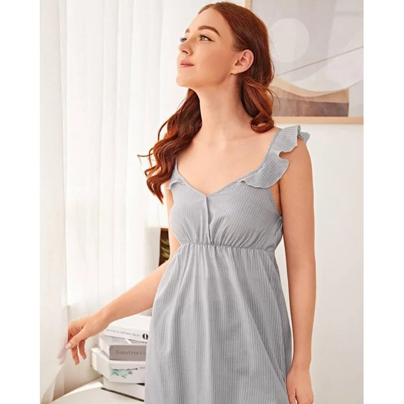 Fresh Princess Retro Palace Sexy Nightdress  Cotton Hemp Grey Sling Gown Summer Women's Nightwear Home Wear Sleepwear