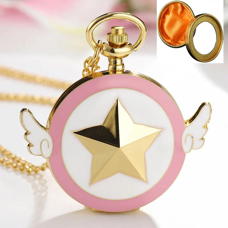 watch with gold box Cardcaptor Sakura карманные часы Аниме золотой тон Звездное крыло кварцевые карманные часы в стиле «стимпанк» подвеска-ожерелье женские подарки для девочек - Цвет: watch with gold box