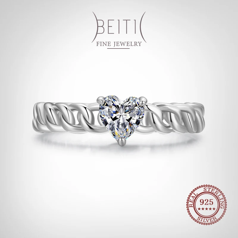 

Beitil Real 925 Sterling Silver Sweet Heart Clear Zircon Braided Texture Finger Ring For Women Romantic Wedding Jewelry