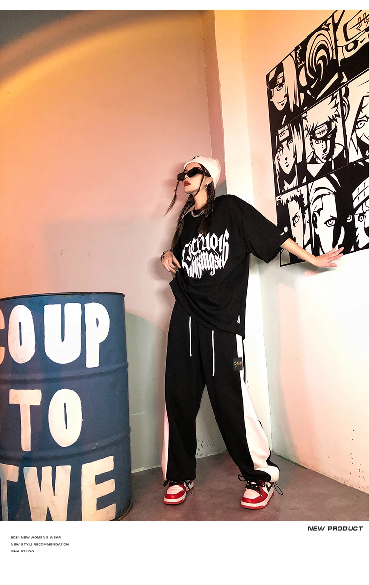 Hip Hop Style Women Black Trousers Harajuku Patchwork Straight High Waist Streetwear Loose Casual Vintage Fashion Pants Korean