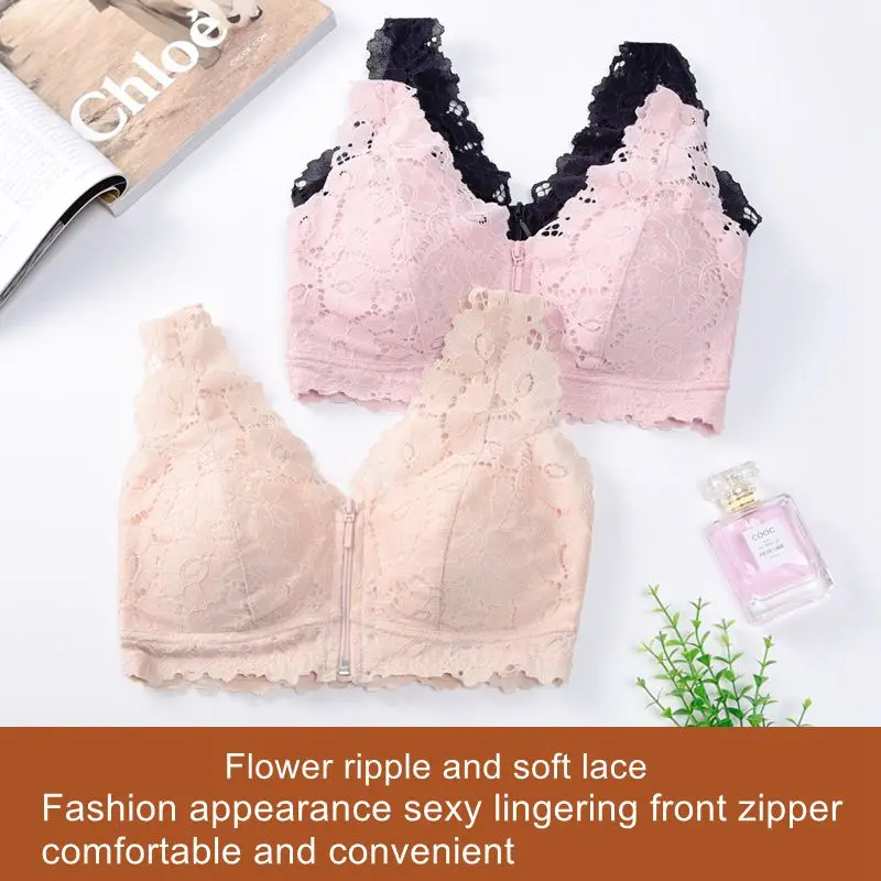 Lace Sexy Beautiful Back Underwear No Ring Front Buckle Zipper Bra Full Cup Large Collect Accessory Milk | Женская одежда