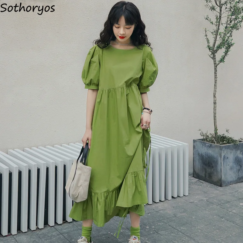 

Women Short Puff Sleeve Dresses O-neck Solid Simple Calf Length Ruffles Long Dress Summer Fashion Green A-line Students Cute New