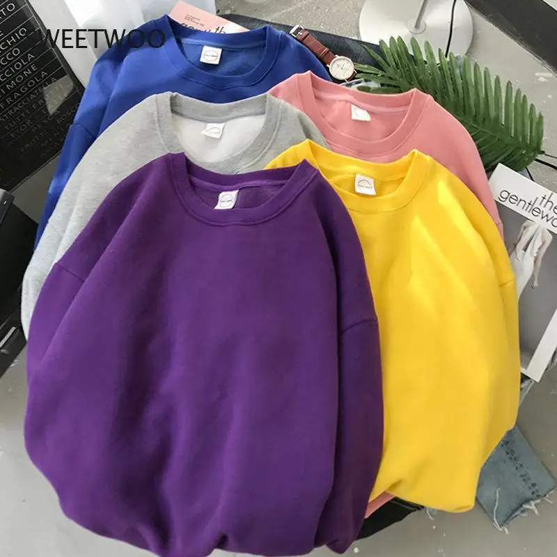 

Woman Solid Color O-Neck Sweatshirt Casual Loose Fit Hoodie Harajuku Aesthetic Streetwear Velvet Pullover White Tops Korean Pop