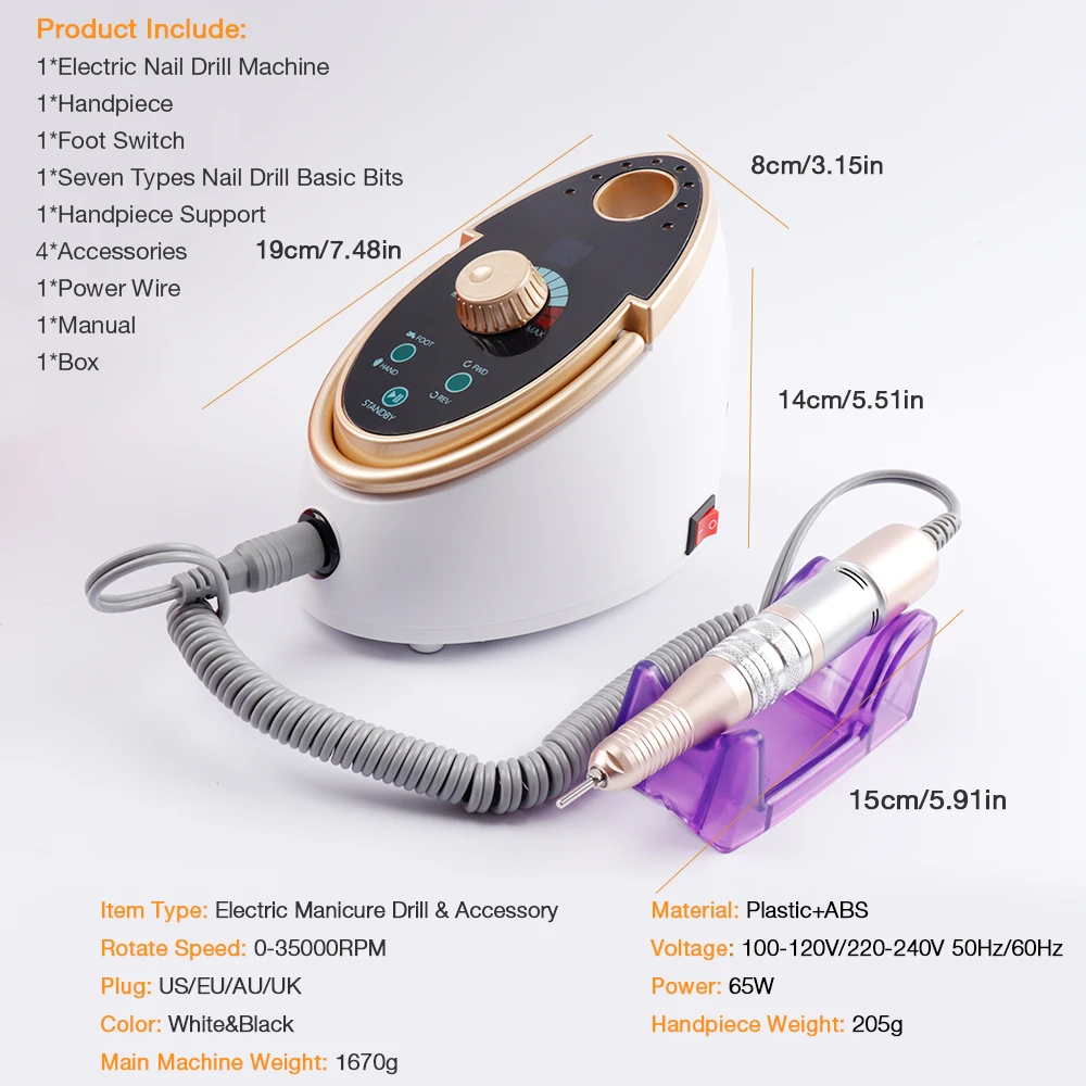

Electric Nail File Drill 35000RPM 65W Manicure Pedicure Machine Strong Nail Art Gel Polishing Grinding Device Nail Drill Bits