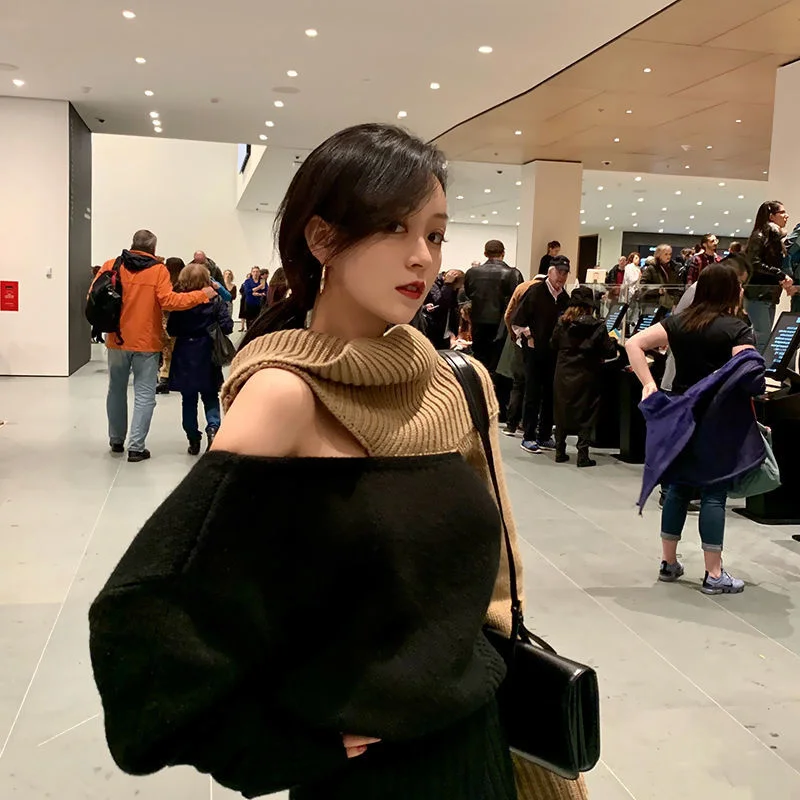 

Turtleneck Sweater Women Pullover Loose Patchwork Contrast Color Design Tops Short Off-shoulder Jersey Mujer Vintage Knitwear