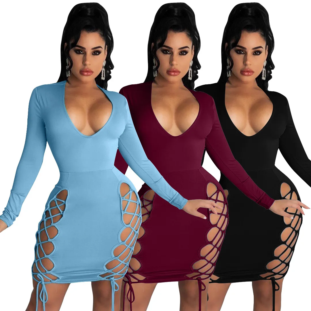 

Lace Up Hollow Out Sexy Night Club Party Dress Women Deep V Neck Long Sleeve Pencil Mini Dress Spring