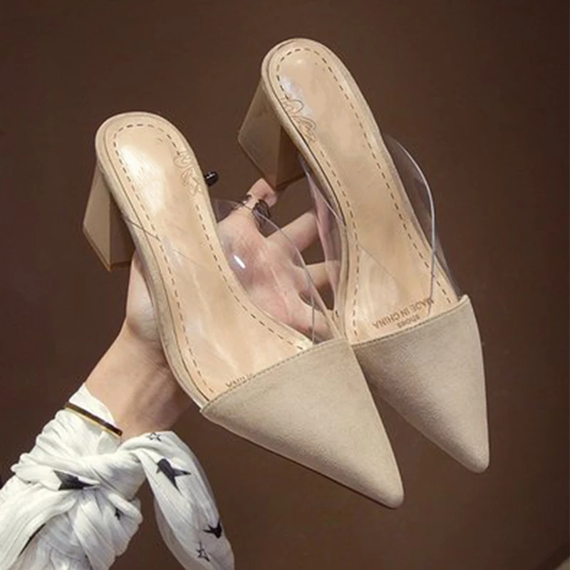 Женские мулы Элегантные женские тапочки прозрачные высокие каблуки Женщина Office