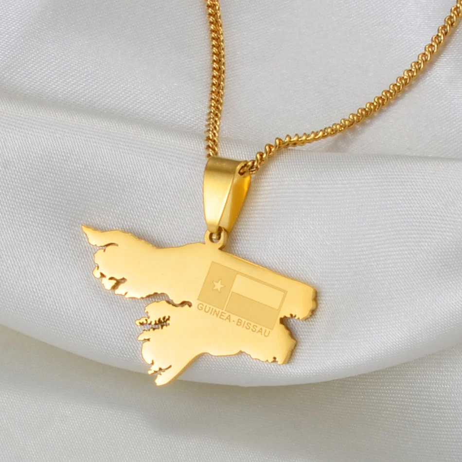 

Anniyo Guinea-bissau Map Flag Pendant Necklaces for Women Girls Gold Color Guine Bissau Jewelry #112421B
