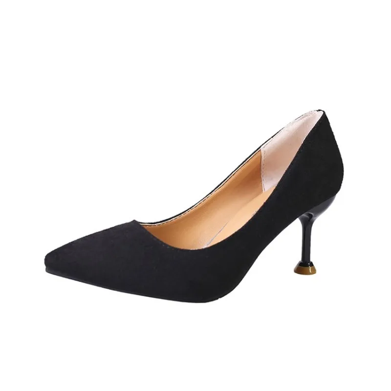 Женские туфли-лодочки с острым носком однотонные туфли из флока на высоком