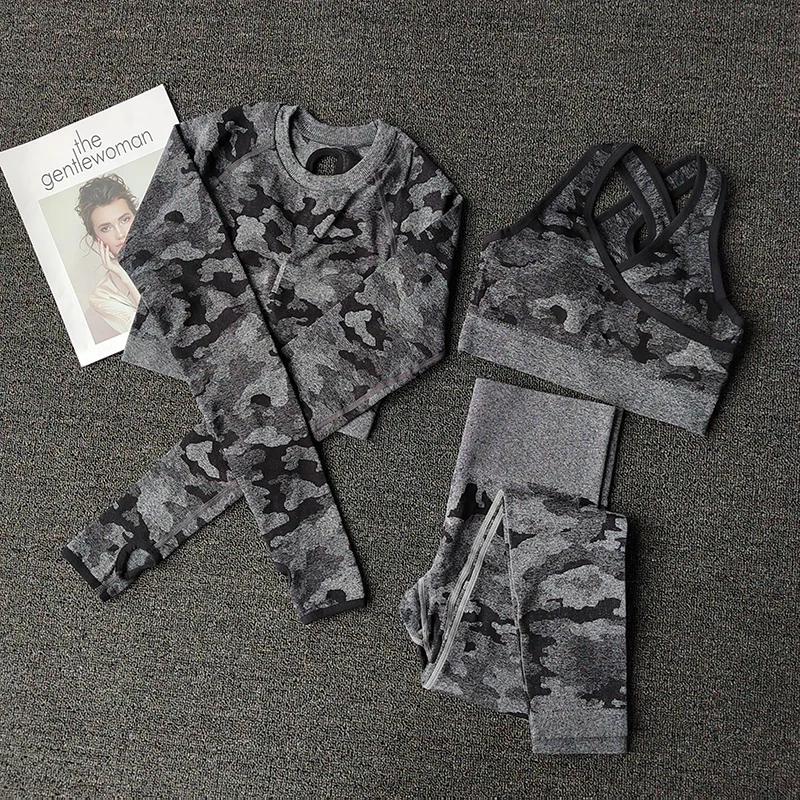 3PCS Women Camo Yoga Set Sports Bra + Leggings + Crop Top Seamless Workout Tights Gym Set Clothes Fitness Sports Suit Female